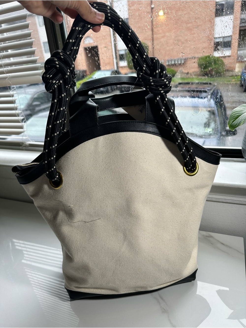 Canvas Tote with Black Trim and Rope Handles - Cream/Black